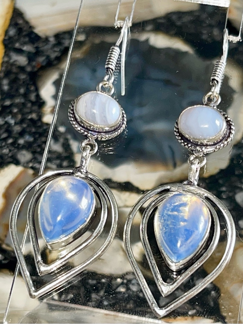 Botswana Agate &  Iridescent Opalite Earrings 2 1/2”
